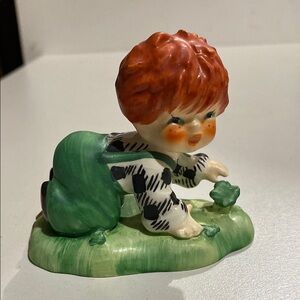 1963 Goebal Lucky Day Ceramic Figurine with Red Hair,Green Outfit & Green Clover